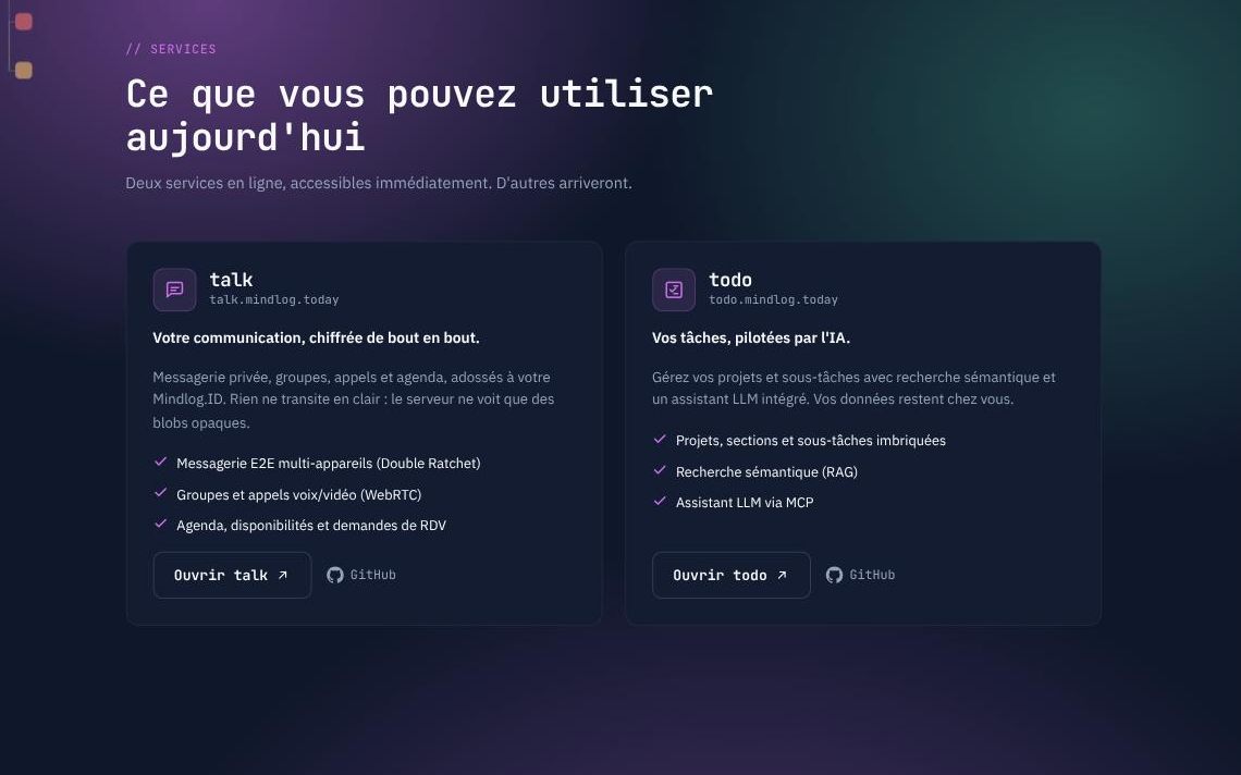 Les deux services Mindlog.Suite en ligne — Talk, messagerie chiffrée de bout en bout, et Todo, gestion de tâches avec recherche sémantique et assistant IA